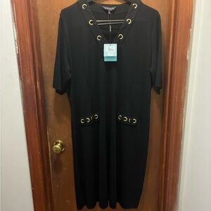 Ming Wang Black Midi Dress with Gold Details